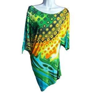 FRANK LYMAN DESIGN Size 8 Tunic Top Blouse Green Orange Blue Geometric Abstract